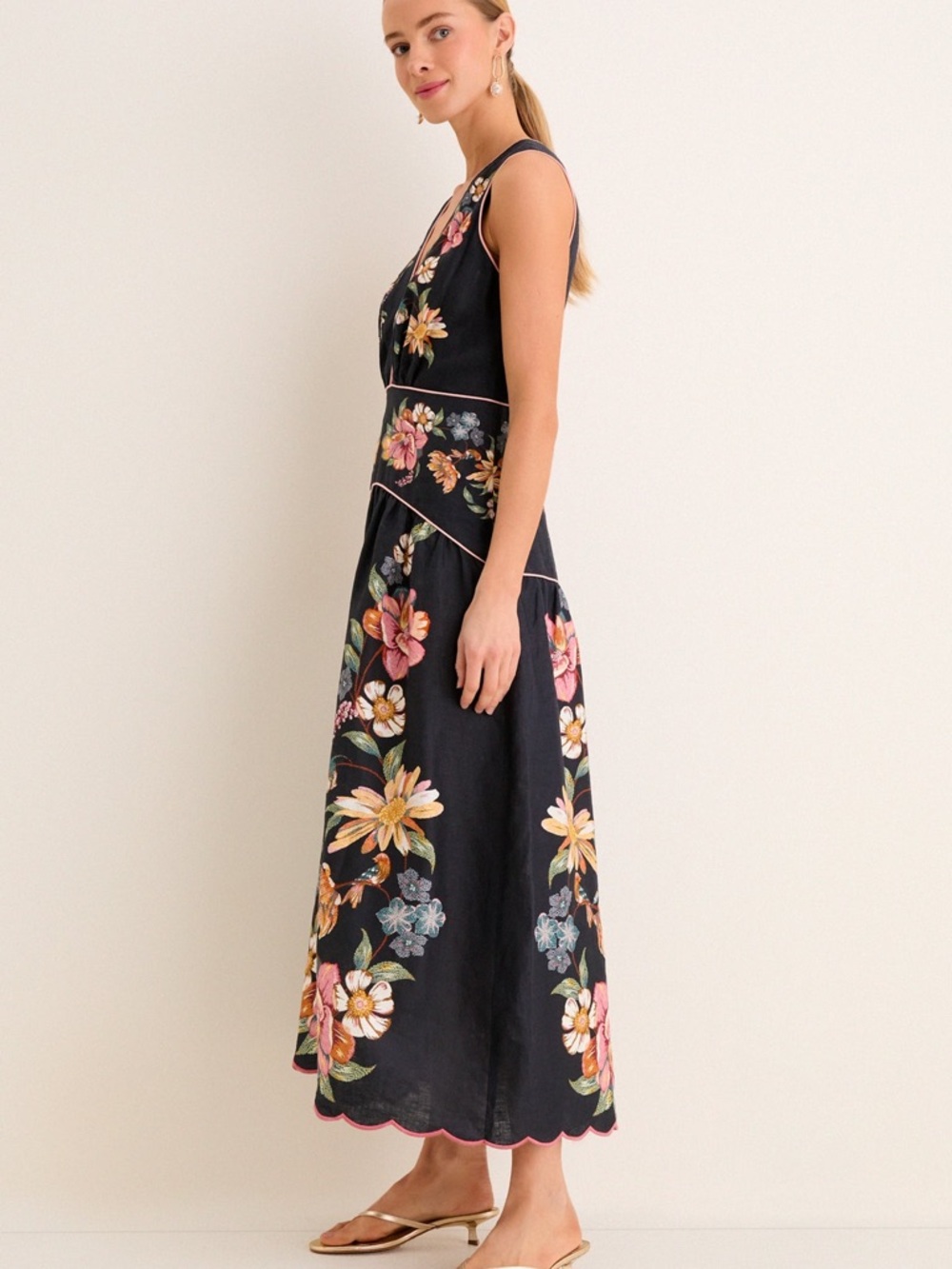 FARM Rio Maira Floral Dark Blue Linen Midi Dress Size XL NWT - Picture 10 of 15